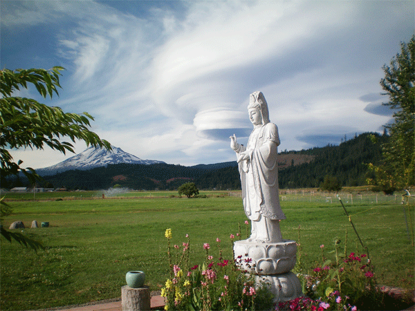 Avalokitesvara statue with Mt. Adams in the background